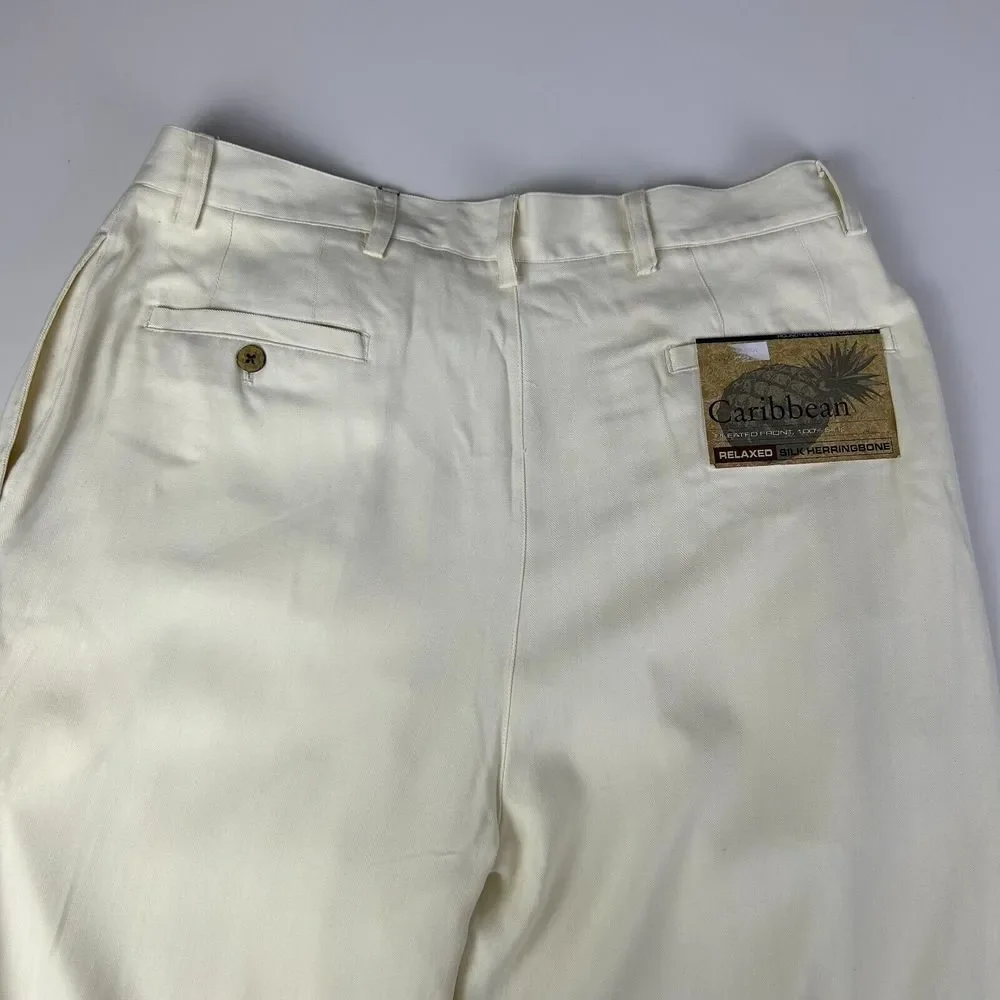 NWT Caribbean White Silk Pleated Front Relaxed Fit Casual Dress Pants‎ 36W 32L